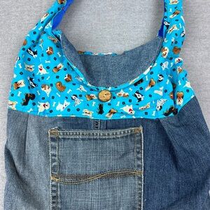 Handmade‎ Upcycled Denim Tote Bag Dog Print Patchwork Boho Shoulder Bag Blue